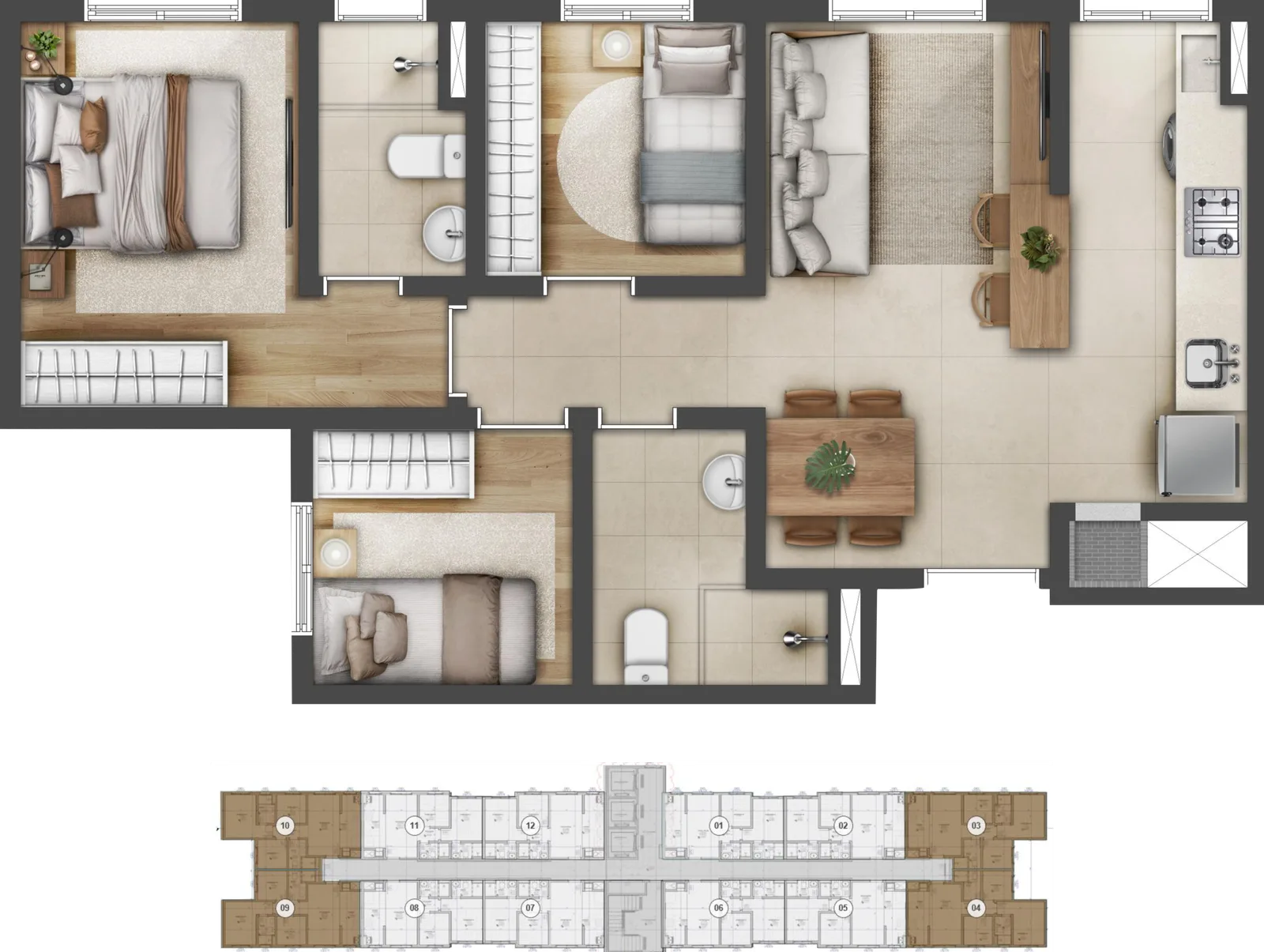 Planta 3 dormitórios com suíte — Open Arvoredo Passo d'Areia
